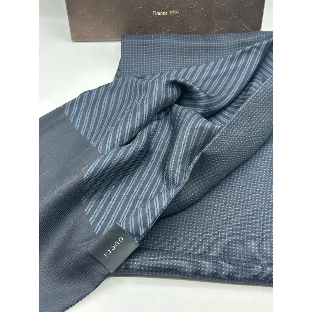 GUCCI Reversible Silk Ascot Skinny Scarf Navy Blue Made in Italy 52